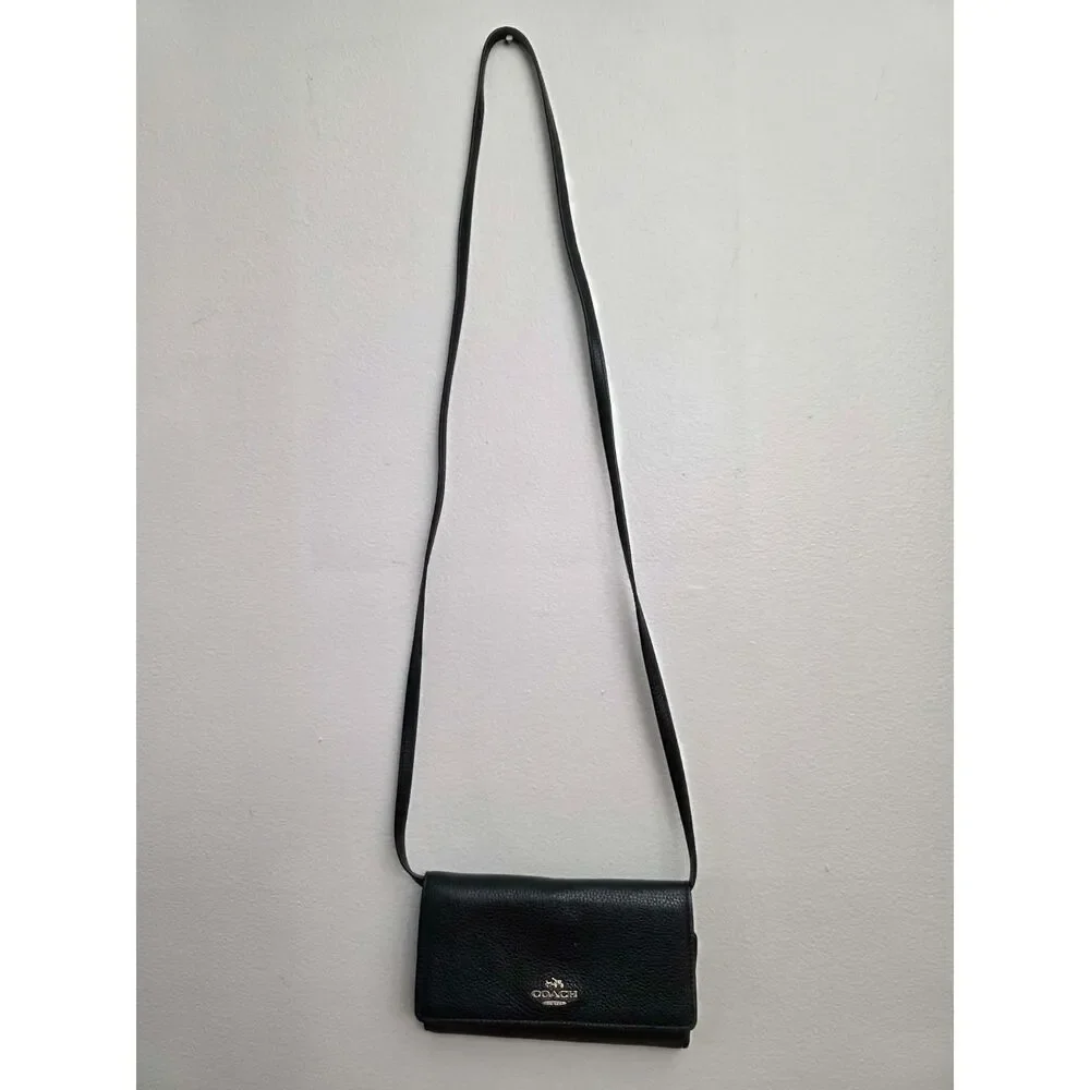 Black Crossgrain Leather Wallet Crossbody Clutch Purse Gold Hardware